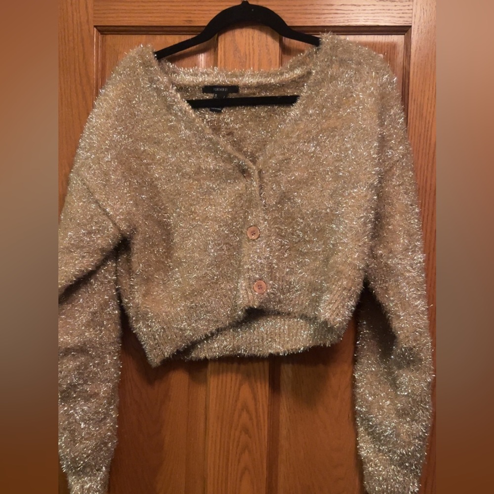 Gold Metallic Knit Crop Top Cardigan. Forever 21. Size medium.